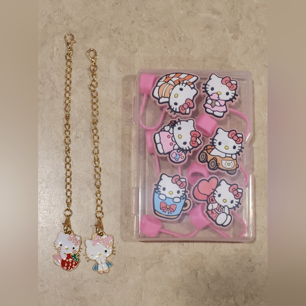 6 Hello Kitty Straw Toppers with 2 Charms